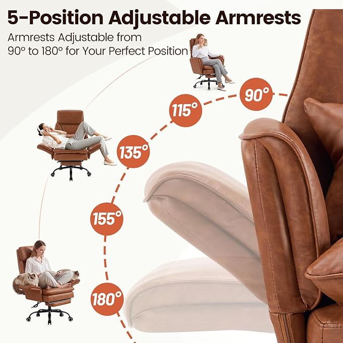 Furniliving Big and Tall Office Chair, Ergonomic Computer Desk Chair with Footrest, Wide Seat Reclining Gaming Chair, Flip Armrests for Cross Legged Sitting, Heavy Duty Support up to 400LBS, PU, Brown