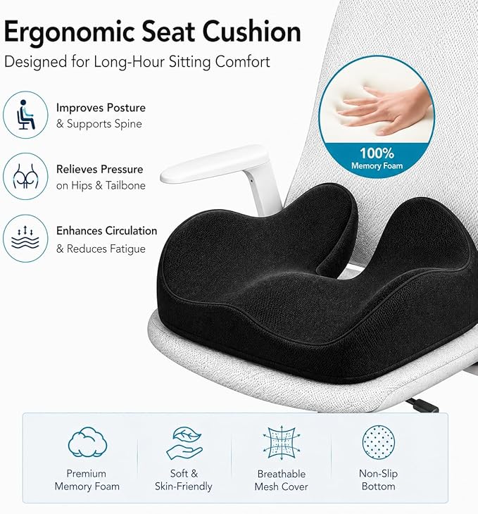 CXC Memory Foam Seat Cushions for Office Chair – Pressure Relief Seat Cushion for Desk Chair, Car, Wheelchair, Hip & Tailbone Pain Relief Cushion for Long Sitting, Non-Slip (Black - Breathable Mesh)