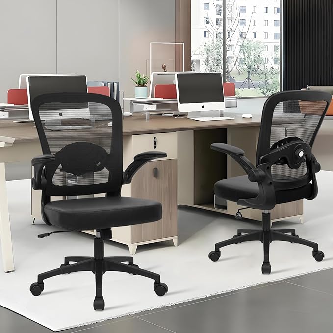 KLASIKA Desk Chairs with Wheels, Ergonomic Mesh Back PU Leather Seat Home Office Chair Adjustable Lumbar Support and Height Swivel Rolling Computer Task Chairs with Flip Up Arms for Conference, Black