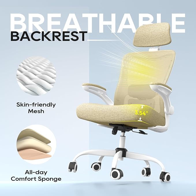 Office Chair, Ergonomic Mesh Desk Chair with Adjustable Lumbar Support and Headrest, Flip-up Armrests, High Back Computer Task Chair for Home and Executive Office (W-All Beige)