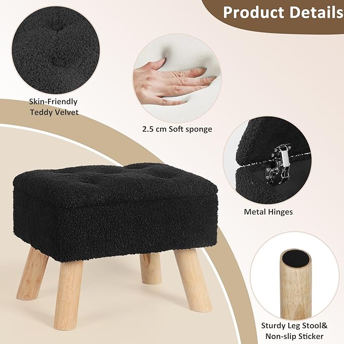OGEMXU Storage Ottoman, Small Foot Stool Ottoman with Storage, Boucle Teddy Velvet Foot Rest with Padded Seat, Sturdy Wood Legs Stool for Living Room, Bedroom, Couch, Enterway (Black)