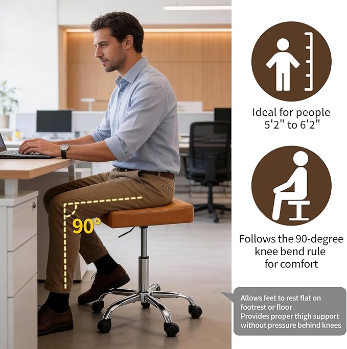FIRAVOE Office Stool with Wheels (300lbs Capacity) (Adjustable Height 17"-21") Brown Faux Leather Workbench Stool (Camel Brown)