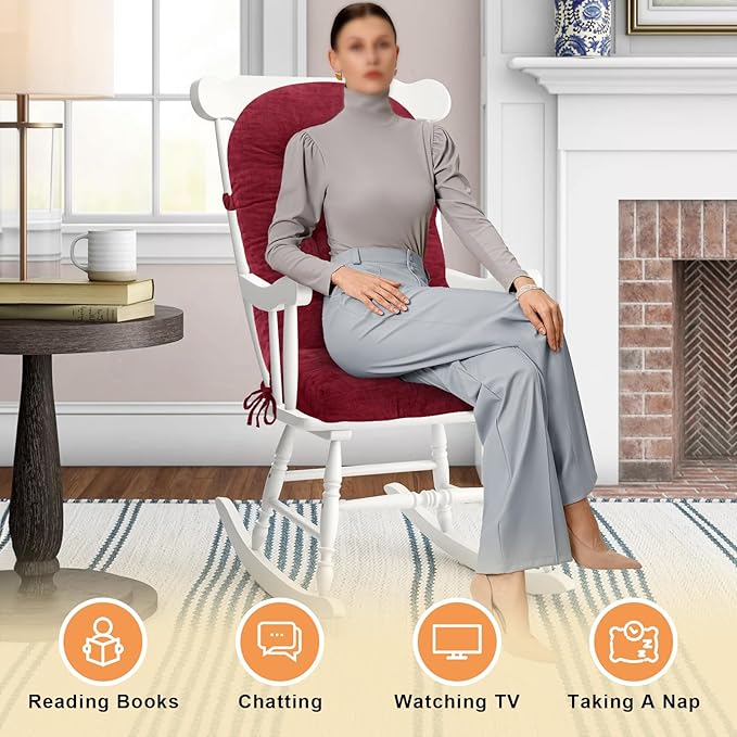 Rocking Chair Cushion - Chenille Fabric, High-Density Sponge, Durable Comfort Non-Slip Bottom Tufted Seat Pads with Ties, Chenille︱Red, 44x19x4 inch