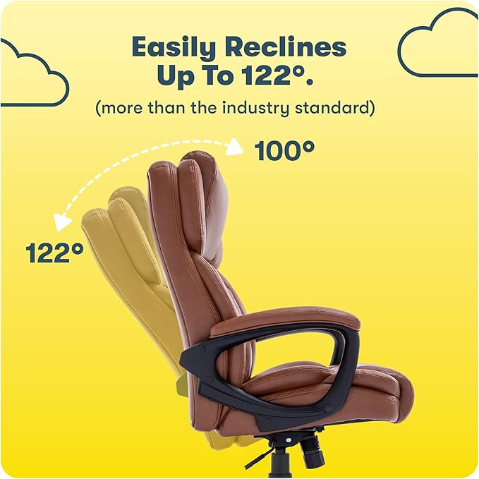Serta Garret Executive Office Chair, Ergonomic Mid-Back with Lumbar Support, Semi-Plush Cushion and Body Pillows, Padded Armrests, Swivel Base, Bonded Leather, Cognac