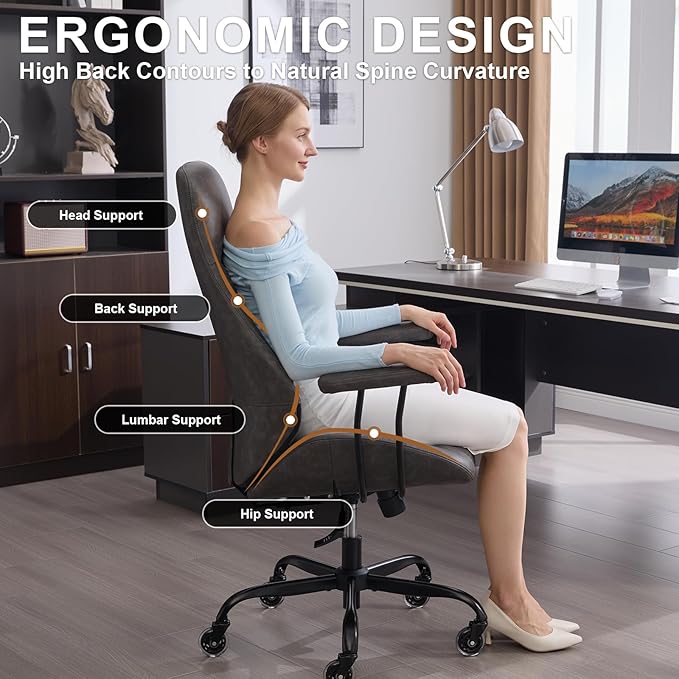 E-Motie Office Chair with Rubber Wheels, Ergonomic Computer Chair 500 lbs, Leather Desk Chair with Lumbar Support, Executive Chair Adjustable Height & Recline, Dark Grey