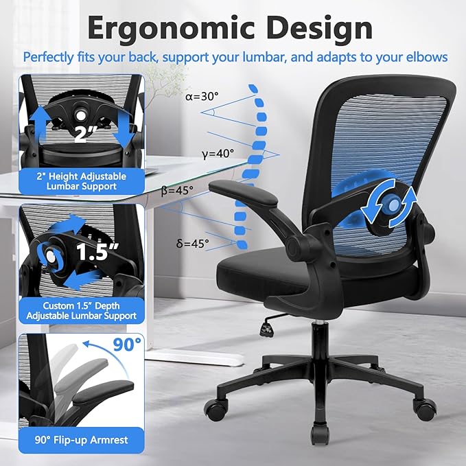 KLASIKA Desk Chairs with Wheels, Ergonomic Mesh Back PU Leather Seat Home Office Chair Adjustable Lumbar Support and Height Swivel Rolling Computer Task Chairs with Flip Up Arms for Conference, Black