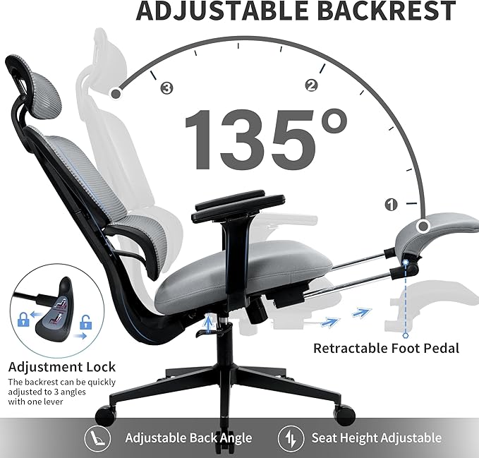 Ergonomic Office Chair with Footrest, 90-135° Reclining High Back Desk Chair with Lumbar Support, 2D Headrest, 4D Armrests, Computer Chair for Long Hours, Dark Grey