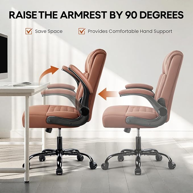 OFIKA Leather Office Desk Chair,Ergonomic Office Chair with Lumbar Support,Computer Chair,Executive Leather Chair with Padded Flip-up Arm,Adjustable Armrests, Brown,275LBS
