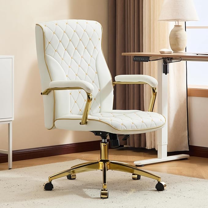 Furniliving White and Gold Office Chair, Leather Office Chairs, Adjustable Vanity Chair with Golden Legs and Padded Armrest, Modern Upholstered Computer Chair with Wheels,White