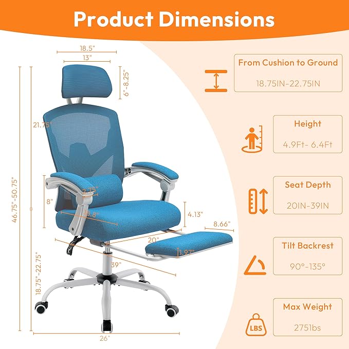 Ergonomic Desk Chair, High Back Office Chair with Wheels and Arms, Computer Chair with Footrest, Swivel Reclining Gaming Chair with Headrest, Comfy Armrest for Home, Office, Work, Study, Blue