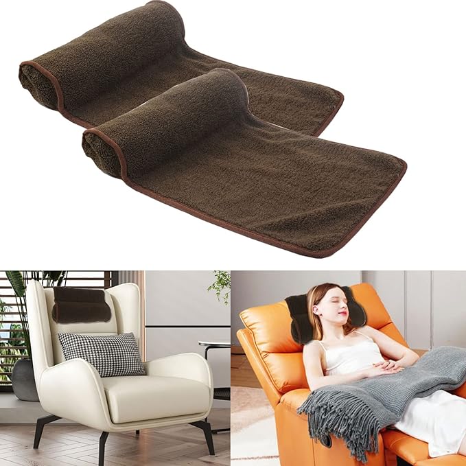 Neck Pillow for Recliner (22x14in) Adjustable Wool Neck Roll, Non-Slip Headrest Sofa Cushion Travel Pillow for Neck and Head Support. (2pcs-Brown)