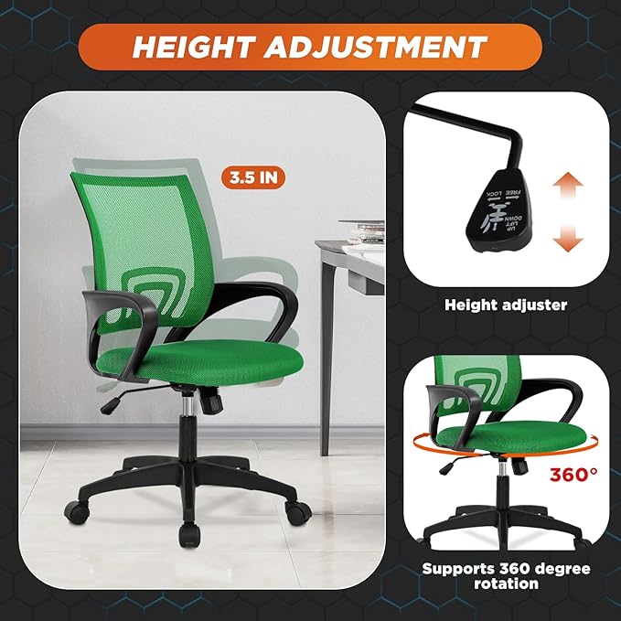Dopinmin Ergonomic Office Chair Desk Chair Mesh Computer Chair Task Rolling Swivel Chair Upgraded Executive Swivel Computer Chair with Lumbar Support Modern Executive Adjustable Chair,Green, Greeen