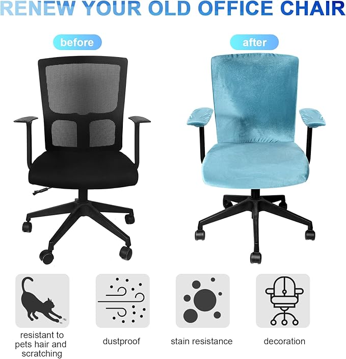 Tallew 4 Pcs Office Chair Covers Set Computer Universal Protective Stretchable Chair Seat Covers Desk Armrest Slipcovers Pads Office Cushion Backrest for Rotating(Lake Blue)