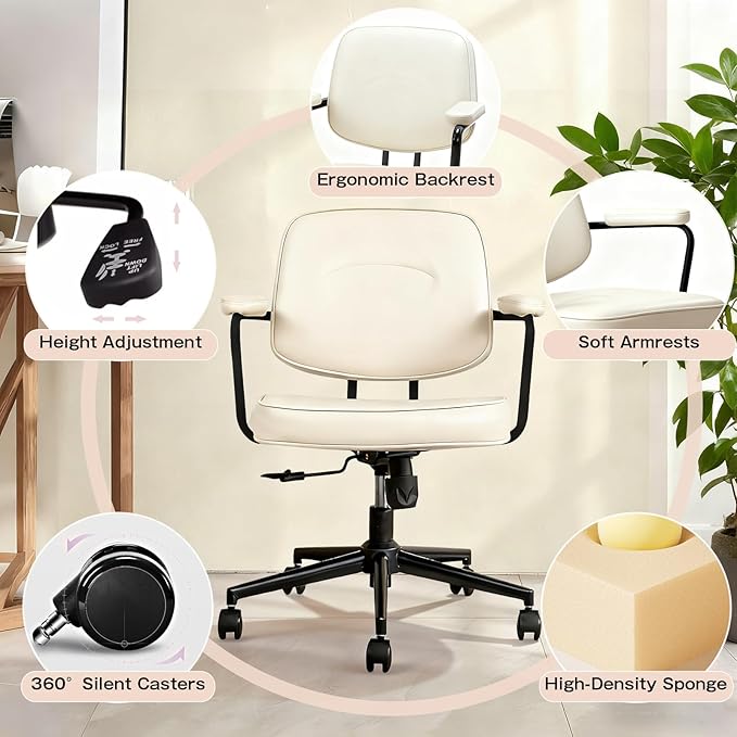 Home Office Chair, Ergonomic Desk Chair with Lumbar Support, Adjustable Height Rolling Swivel Task Chair with Armrests, PU Leather, for Meeting,Study Room Beige