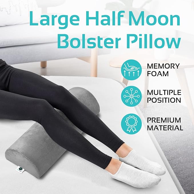Knee Pillow for Back Sleeping | Large Half Moon Bolster Pillow for Legs, Under Knee Pillow for Sleeping on Back (20.5" x 8" x 4.5") Leg Pillow for Ankle and Foot Comfort, Machine Washable Cover, Grey