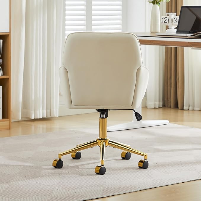 Velvet Home Office Desk Chair, Modern Cute Computer Task Chair with Back, Height Adjustable Upholstered Vanity Chair with Swivel Wheels for Women, Girls (Gold Base, Cream