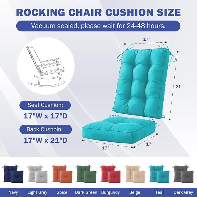 IPYNBAP Rocking Chair Cushion, Waterproof and Fade-Resistant Patio Chair Cushions, Tufted Chair Pads for Rocker Furniture, 17x17 Inch, Indoor/Outdoor Seat Cushions with Ties, Teal Blue