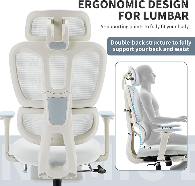 Ergonomic Office Chair with Footrest, 90-135° Reclining High Back Desk Chair with Lumbar Support, 2D Headrest, 2D Armrests, Computer Chair for Long Hours, Light Grey