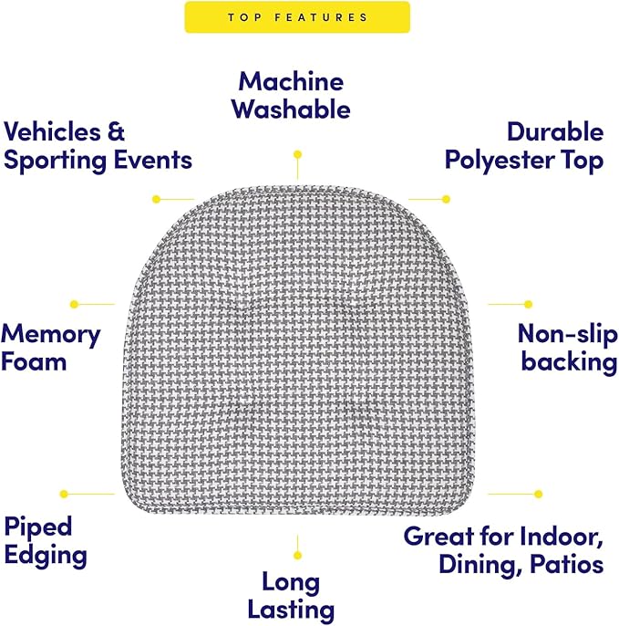Sweet Home Collection Chair Cushion Memory Foam Pads Tufted Slip Non Skid Rubber Back U-Shaped 17" x 16" Seat Cover, 12 Count (Pack of 1), Houndsooth Gray