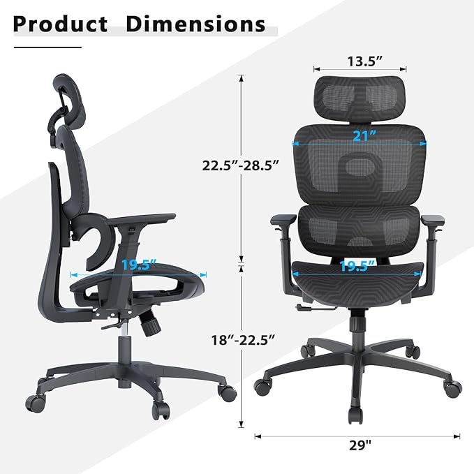 OS MOTOR Ergonomic Mesh Office Chair, Adjustable Headrest, 3D Armrests, Lumbar Support, Tilt Lock Function, Breathable High-Back Desk Chair Computer Chair for Home Office Work, Study, Gaming, Black