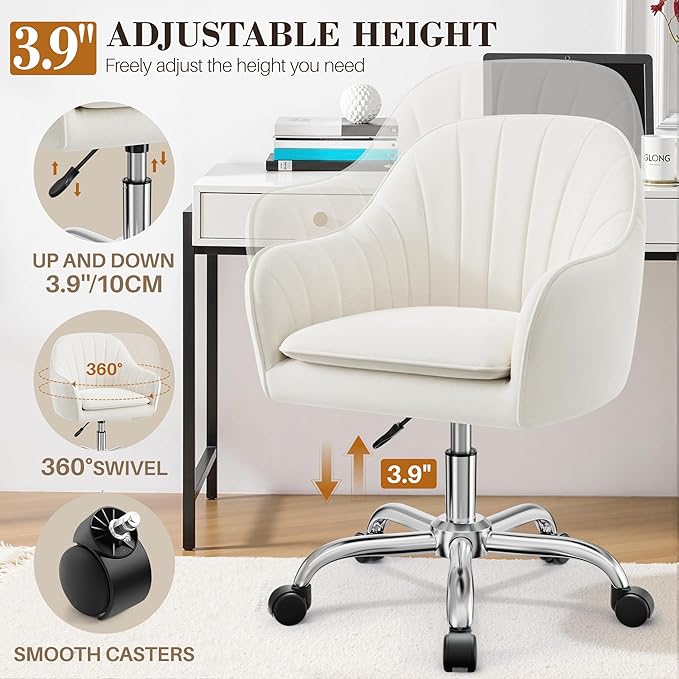 Vanity Chair with Wheels, Comfy Home Office Desk Chairs Adjustable Modern Velvet Makeup Vanity Chairs for Bedroom Living Room-Beige