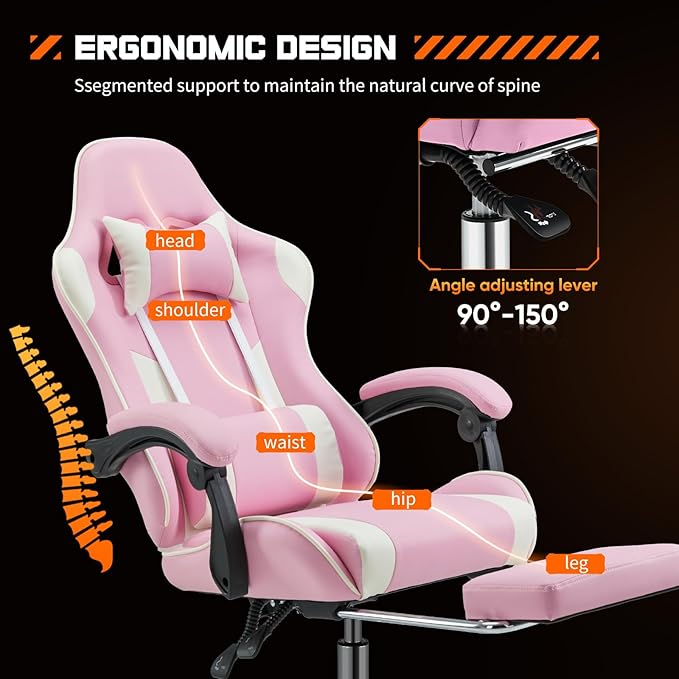 DUMOS Gaming Office Desk Chair with Footrest and Headrest for Adults, PU Leather Ergonomic Video Computer Chair with Linkage Armrests, Height Adjustable 360° Swivel Recling Chair, New Pink