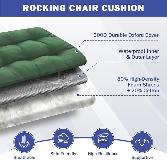 IPYNBAP Rocking Chair Cushion, Waterproof and Fade-Resistant Patio Chair Cushions, Tufted Chair Pads for Rocker Furniture, 18x18 Inch, Indoor/Outdoor Seat Cushions with Ties, Dark Green