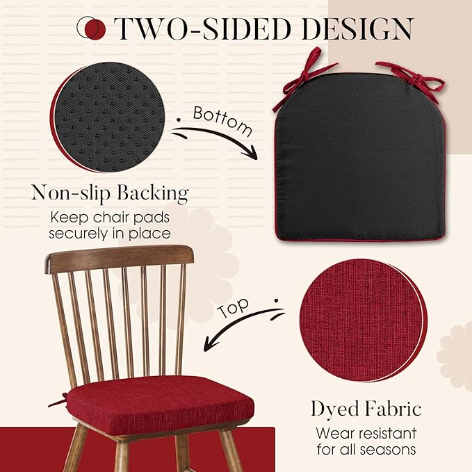 Basic Beyond Chair Cushions for Dining Chairs 6 Pack, Kitchen Chair Cushions with Ties and Non Slip Backing, 16 x 16 inches Chair Pads for Dining Chairs (Red)