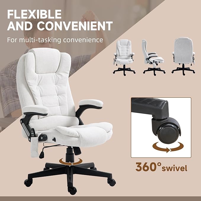 Vinsetto 6 Point Vibrating Massage Office Chair with Heat, Linen High Back Executive Office Chair with Reclining Backrest, Padded Armrests and Remote, Cream White