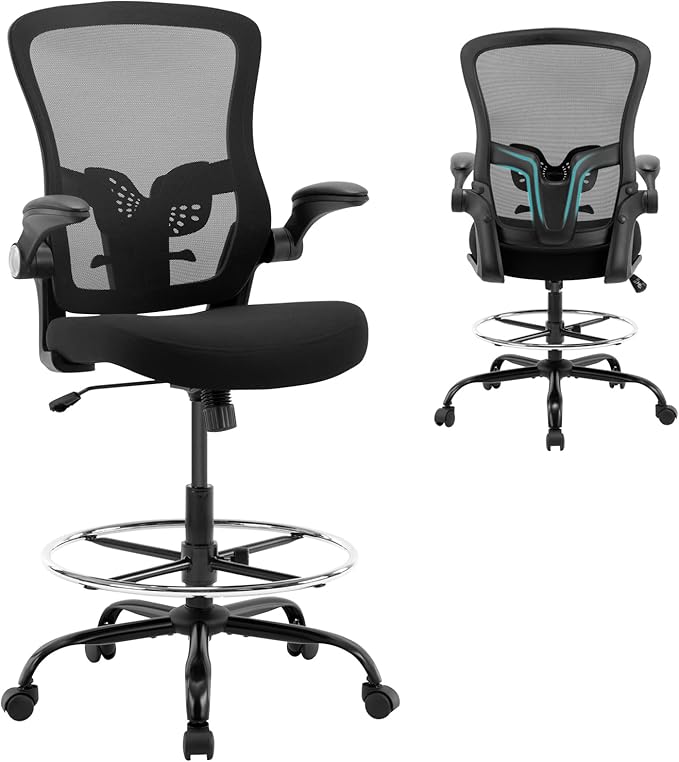 Drafting Chair,Tall Office Chair, Ergonomic Standing Desk Chair with Flip-up Armrests,Mid-Back Counter Height Computer Task Chair with Lumbar Support and Adjustable Footrest Ring,Black