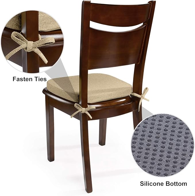 Shinnwa Dining Chair Cushions Set of 4, Non Slip Seat Cushions for Kitchen Chairs with Ties, 4 Pack, 15 x 15.5 inches, Natural Linen