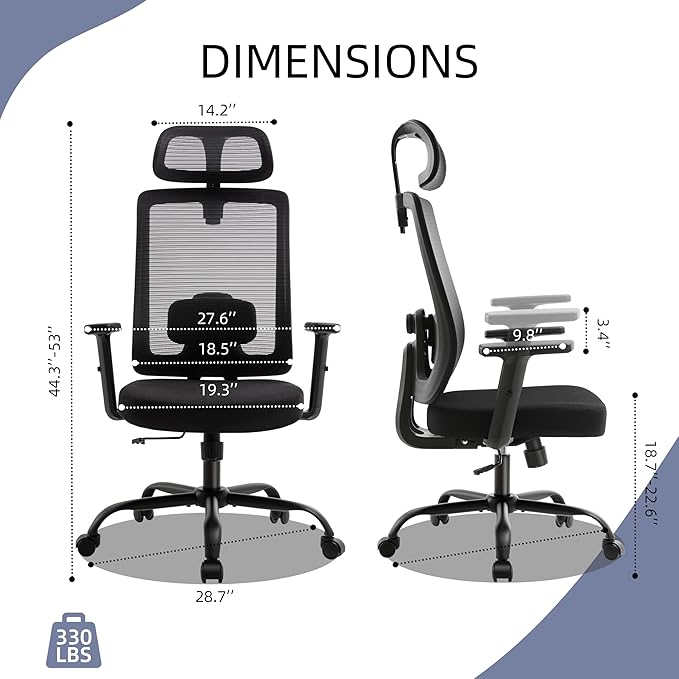 Ergonomic Mesh Office Chair with Headrest, Comfortable Desk Chair for Long Sitting, Breathable Computer Chair with Flip-Up Arms, Adjustable Swivel Chair for Home Office Work Study, Black