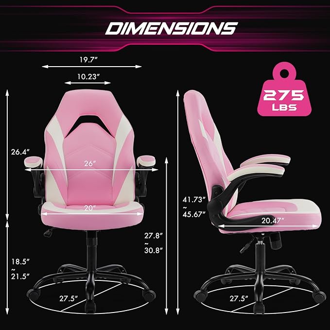 Sweetcrispy Computer Gaming Desk Chair - Ergonomic Lumbar Support Executive with PU Leather and Flip-up Armrest, Height Adjustable with 360° Swivel Wheels, Pink White, for Home and Office