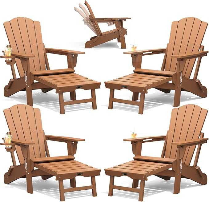 THOEOE Adjustable Adirondack Chair with Retractable Ottoman, HDEP Folding Adirondack Chairs with Footrest 2-in-1 Cup Holder, All Weather Outoor Fire Pit Chair with Foot Rest Set 4 Wood