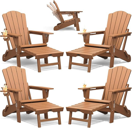 THOEOE Adjustable Adirondack Chair with Retractable Ottoman, HDEP Folding Adirondack Chairs with Footrest 2-in-1 Cup Holder, All Weather Outoor Fire Pit Chair with Foot Rest Set 4 Wood
