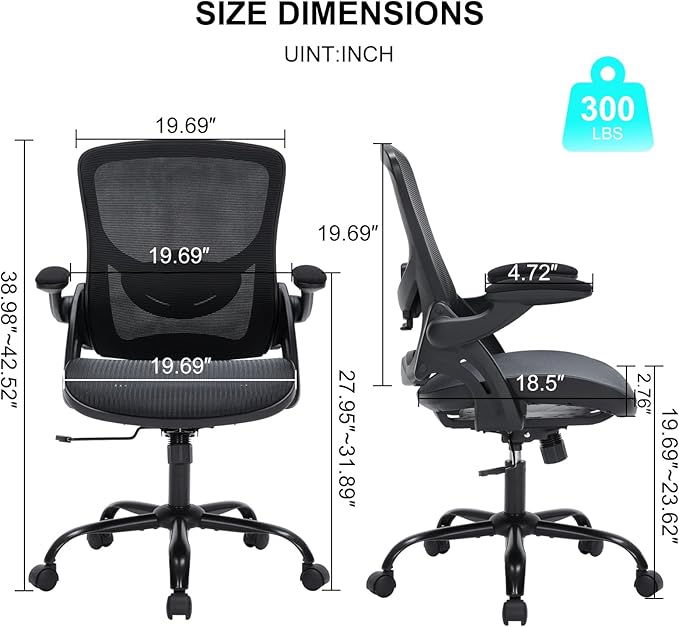 Ergonomic Office Chair with Flip-up Arms, Space Saving Mesh Desk Chair with Adjustable Lumbar Support & Headrest, Breathable Executive Computer Chair, Heavy Duty Swivel Task Chair 300LBS
