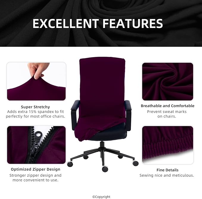 DIVA EN CAMINO DEC Computer Office Chair Cover Stretch Spandex Fabric Rotating Chair Slipcovers Removable Chair Seat Covers Furniture Protector Covers (Plum)