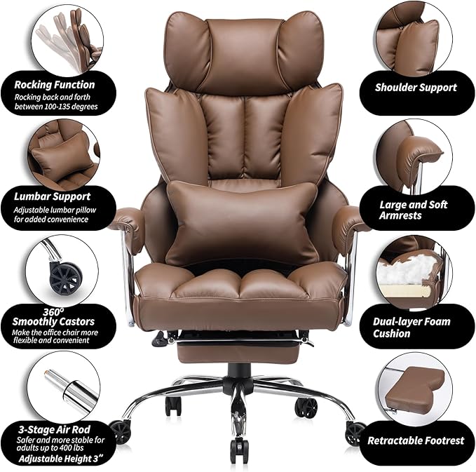 Efomao Big and Tall Office Chair 400lbs – High Back Executive Chair with Swivel Base, PU Leather Upholstery, Lumbar Pillow, Padded Armrests, and Rolling Wheels，Brown Computer Chair