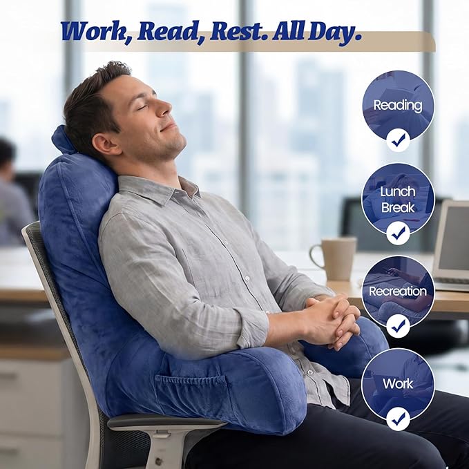 ACH Reading Pillow with Arms for Adults - Adjustable Memory Foam Bed Rest Pillow, Lumbar & Neck Back Support, Soft Velvet Cover Machine Washable, Deep Side Pocket & Carry Handle, Blue