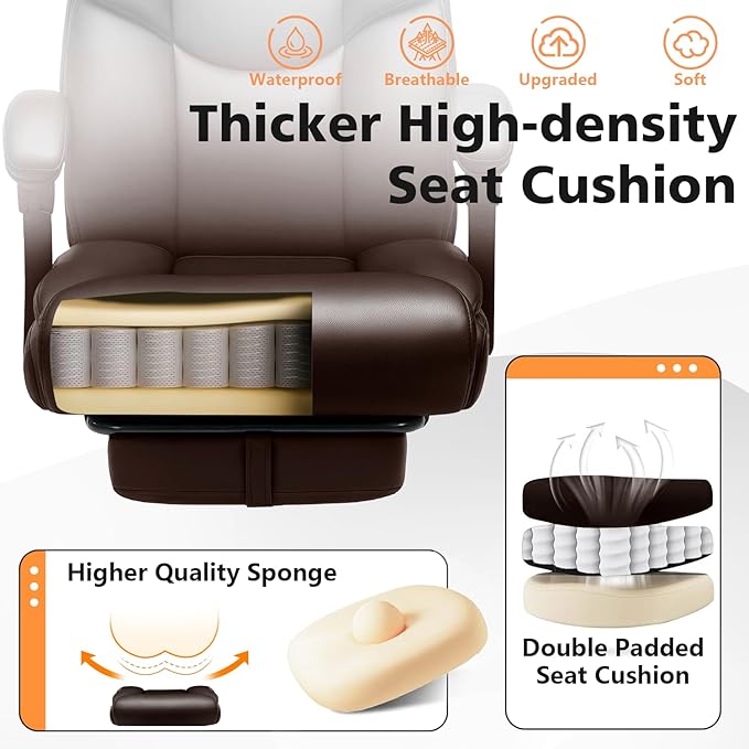 WAILOR 400lbs Office Chair with Foot Rest, Reclining Big and Tall Office Chair with Lumbar Support, High Back PU Leather Computer Chair,Comfy Desk Chair for Home Office (Casual) (Brown)