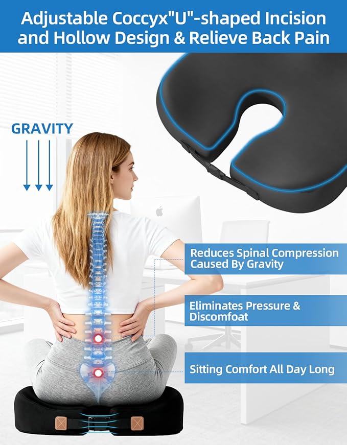 Extra Dense Orthopedic Seat Cushion, Ergonomic Memory Foam Seat Cushion for Office Chair，Desk Chair，Car，Wheelchair, Tailbone Hip Sciatica Pain Relief Cushion for Long Sitting（Black）