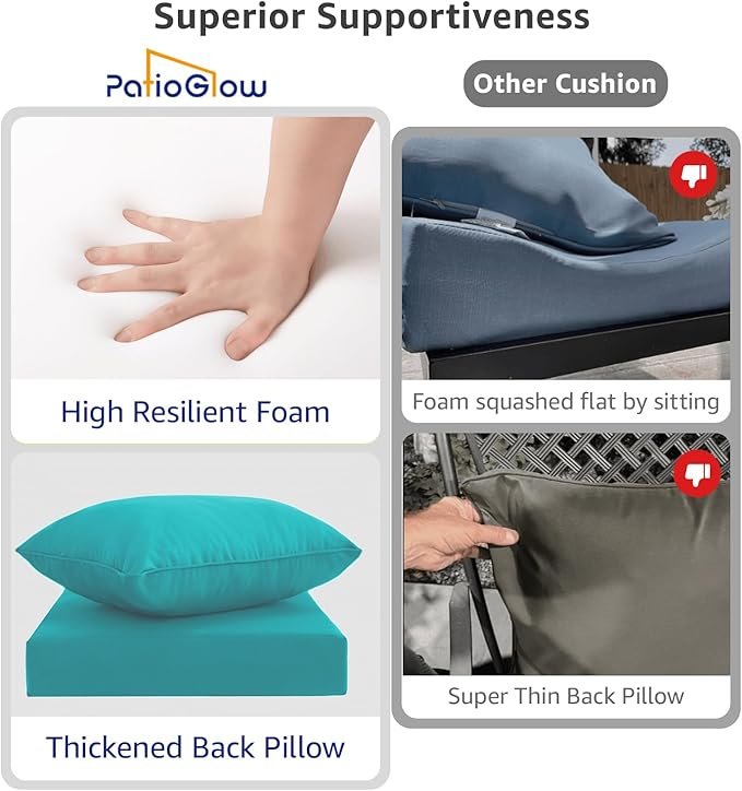PatioGlow Outdoor Seat Cushion Set 24 x 24 x 4 Inch, Waterproof & Fade Resistant Patio Furniture Cushions with Removable Cover and Ties, Thick Deep Seating Pads for Outside Chair Sofa Couch, Teal