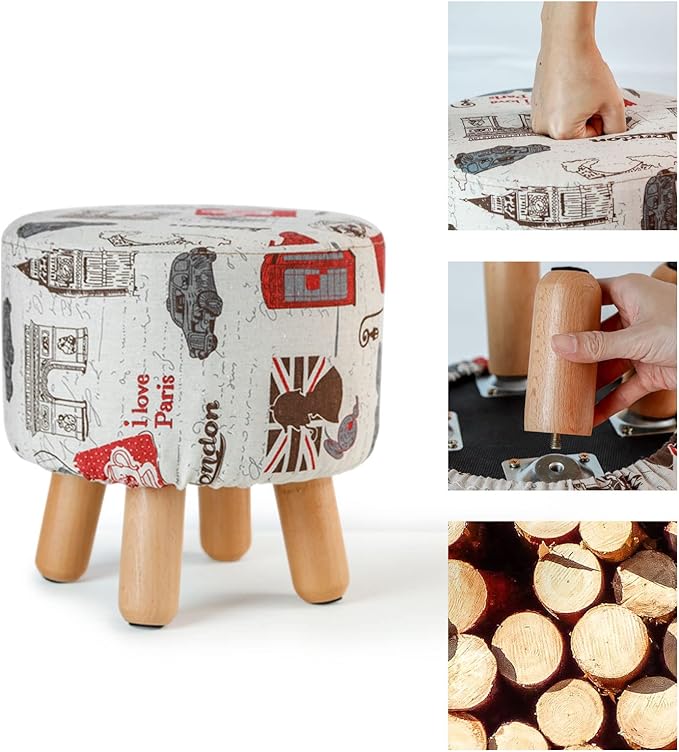 H&B Luxuries Fabric Round Padded Ottoman Foot Rest Stool (4 Legs-Vintage Beige)