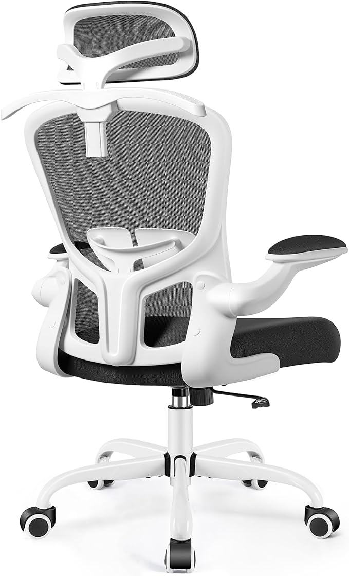 FelixKing Office Chair with Headrest, Ergonomic Desk Chair with Wheels, Task Swivel Comfy Chair with Adjustable Lumbar Support, Breathable Mesh Computer Chair with flip-up Armrests (White)