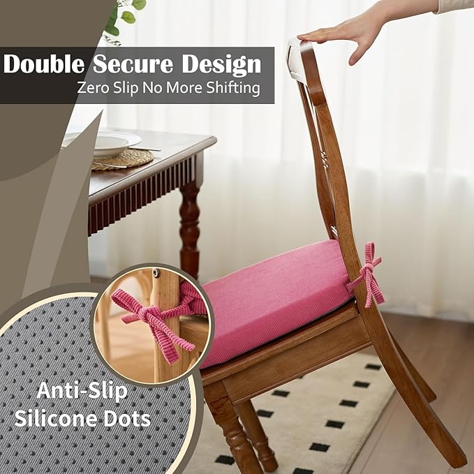 2'' Thick High-Density Foam Indoor Chair Cushions | Dining Chair Pads with Ties, Removable Washable Cover, Kitchen Chair Cushions 17"x16",Rose Red 2 Pack