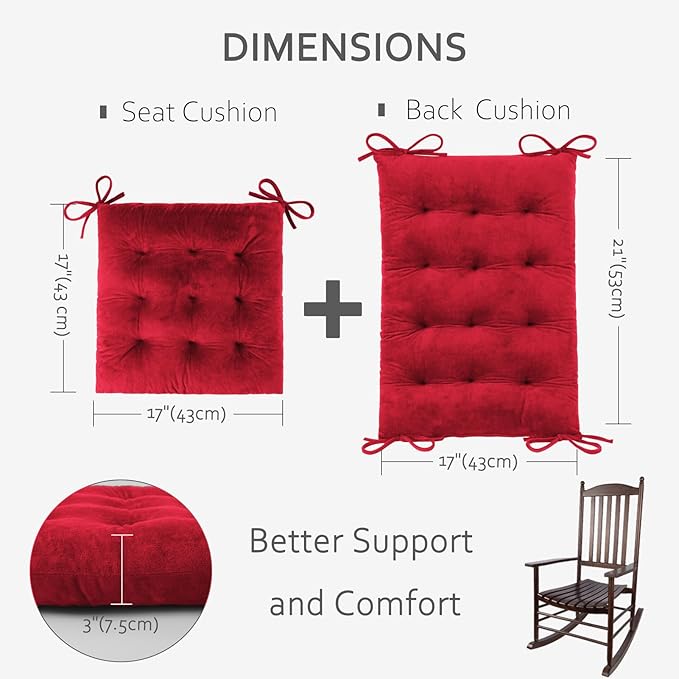 ELFJOY Rocking Chair Cushion Large Rocking Chair Pads with Ties Premium Tufted High Back and Seat Cushion 2 Piece Set Burgundy
