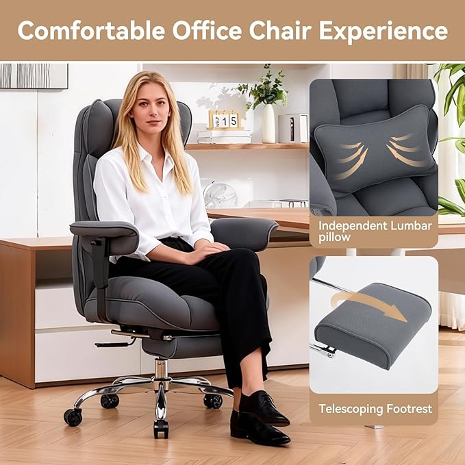 Efomao Big and Tall Office Chair with Footrest, 350lbs Heavy Duty Desk Chair, Extra Wide High Back Executive Office Chair for Long Hours, Reclining Home Office Chair with Breathable Fabric, Blue Grey