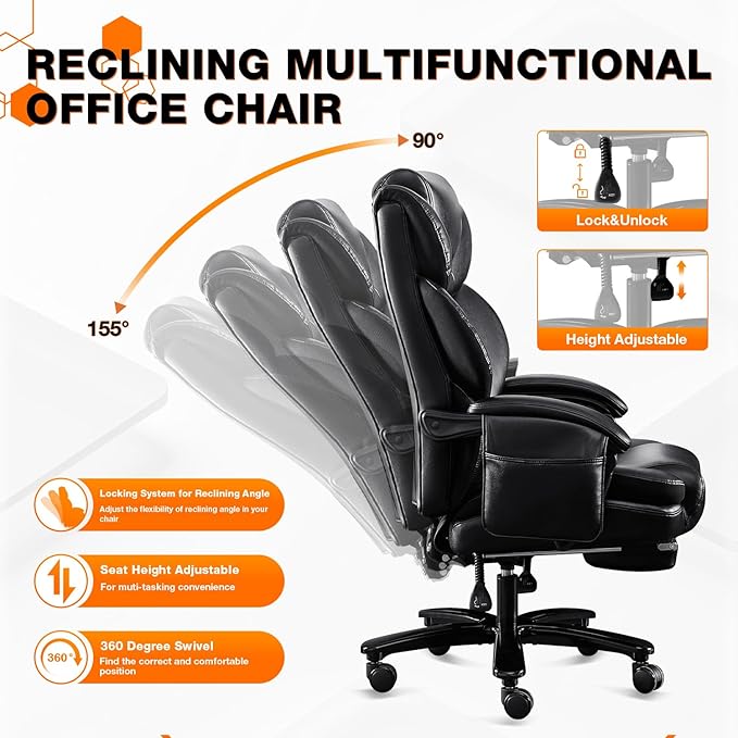 3D Kneading Massage Executive Office Chair for Big and Tall Users – Extra-Wide Ergonomic Seat with Lumbar Support, Reclining Desk Chair with Footrest, 500LBS Capacity for Home and Office