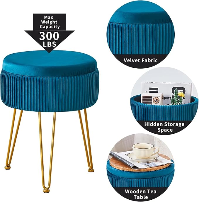 Cpintltr Velvet Foot Rest Stool Multipurpose Dressing Stools Upholstered Round Storage Ottoman Modern Soft Vanity Chair with Memory Foam Seat Teal