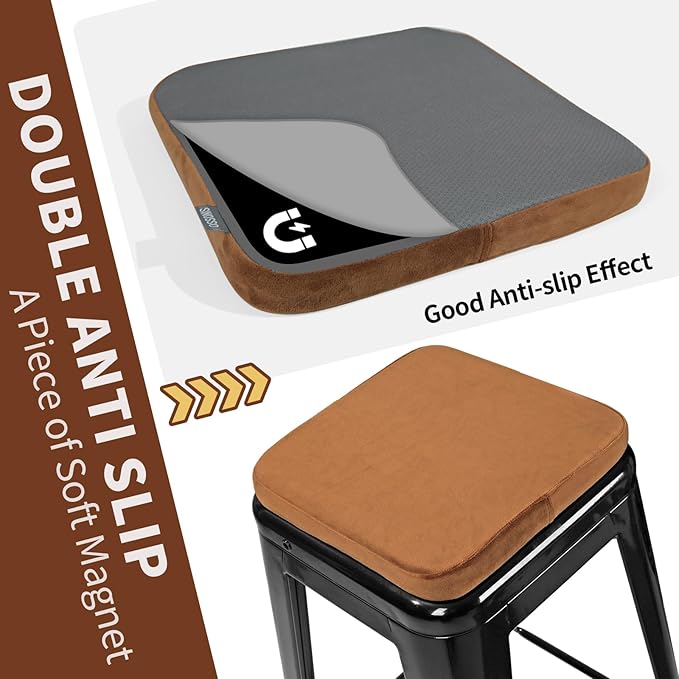 SINOSSO Magnetic Memory Foam Metal Stool Cushions Set of 4, Luxury Velvet Bar Cafe Stackable Chair Seat Pads, Non-Slip & Washable (Square, Brown, 4)
